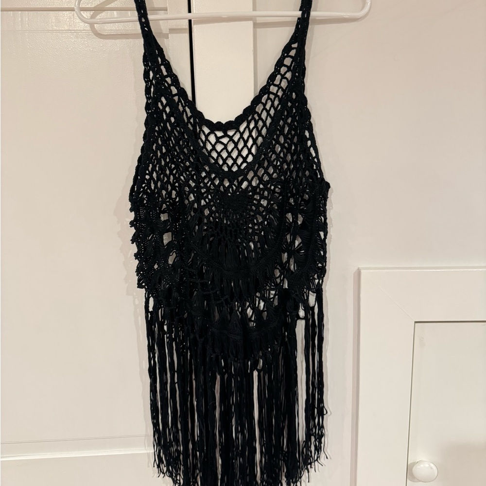 Black Crochet Fringe Tank Top